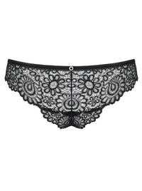 Mixty Cheekini Bikini: Black lace panties with charming floral design, decorative rings, and shiny jewels.