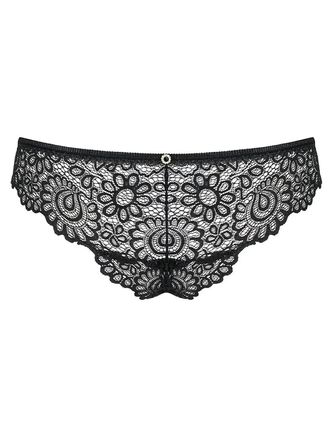 Mixty Cheekini Bikini: Black lace panties with charming floral design, decorative rings, and shiny jewels.