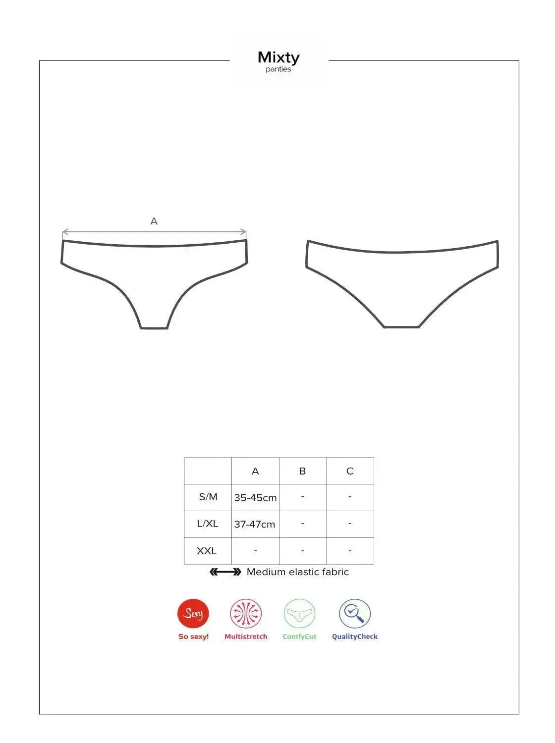 Mixty Cheekini Bikini size chart with measurements for S/M, L/XL, and XXL, highlighting elastic fabric.