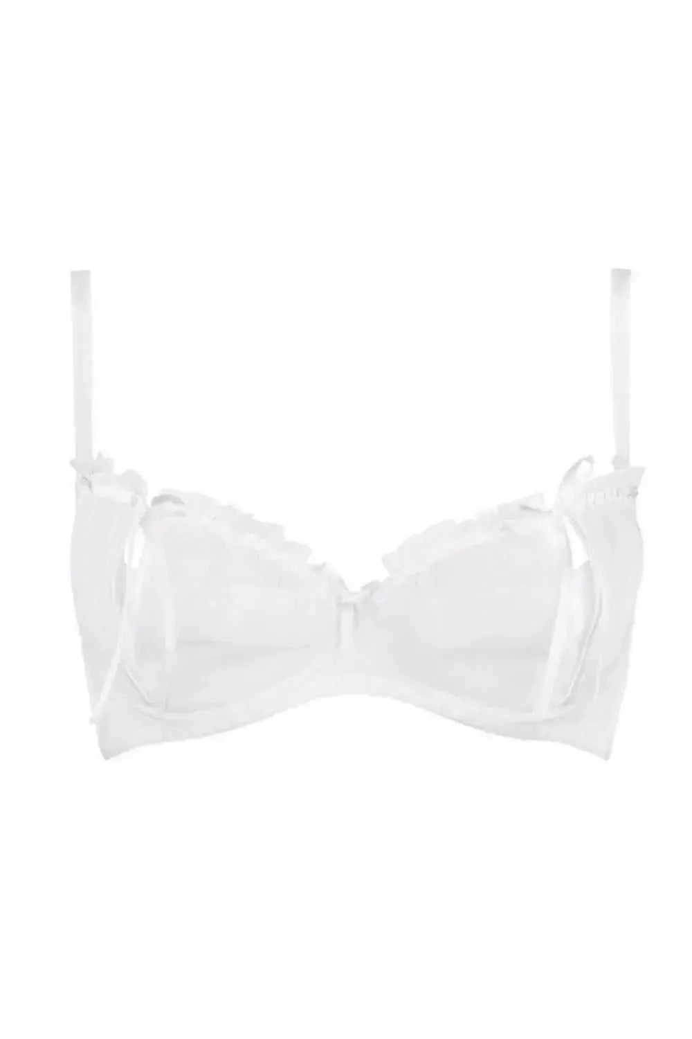 Sensual snow-white Neige Peek-a-boo Shelf Bra with exciting slits, delicate ruffles, and sheer tulle.