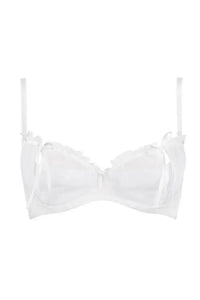 Sensual snow-white Neige Peek-a-boo Shelf Bra with exciting slits, delicate ruffles, and sheer tulle.