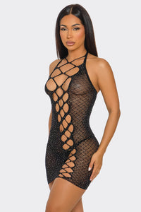 BeWicked Nights Like This Bodystocking Dress Sheer Mesh Shimmering Black