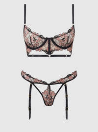 House of Desire Nova Blacklight Glow Lace Bra & Gartered Thong Set