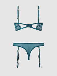 House of Desire Nova Blacklight Glow Lace Bra & Gartered Thong Set