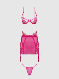 House of Desire Nova Blacklight Glow Lace Bra, Skirt & G-String Set Pink Dragon