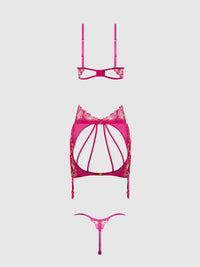 House of Desire Nova Blacklight Glow Lace Bra, Skirt & G-String Set Pink Dragon