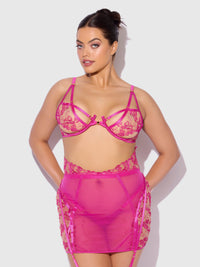 House of Desire Nova Blacklight Glow Lace Bra, Skirt & G-String Set Pink Dragon