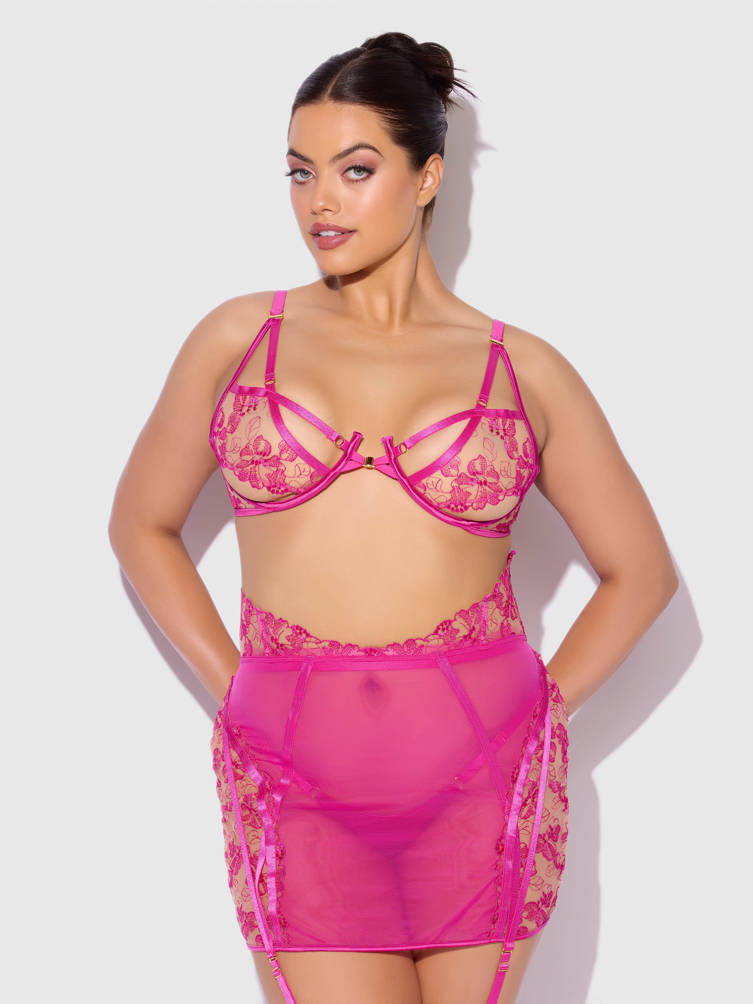 House of Desire Nova Blacklight Glow Lace Bra, Skirt & G-String Set Pink Dragon