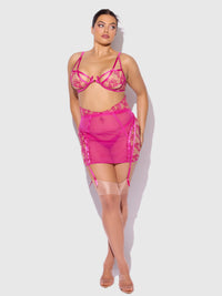 House of Desire Nova Blacklight Glow Lace Bra, Skirt & G-String Set Pink Dragon
