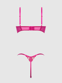 House of Desire Nova Blacklight Glow Lace Pearl Bra & Crotchless G-String Set Pink Dragon