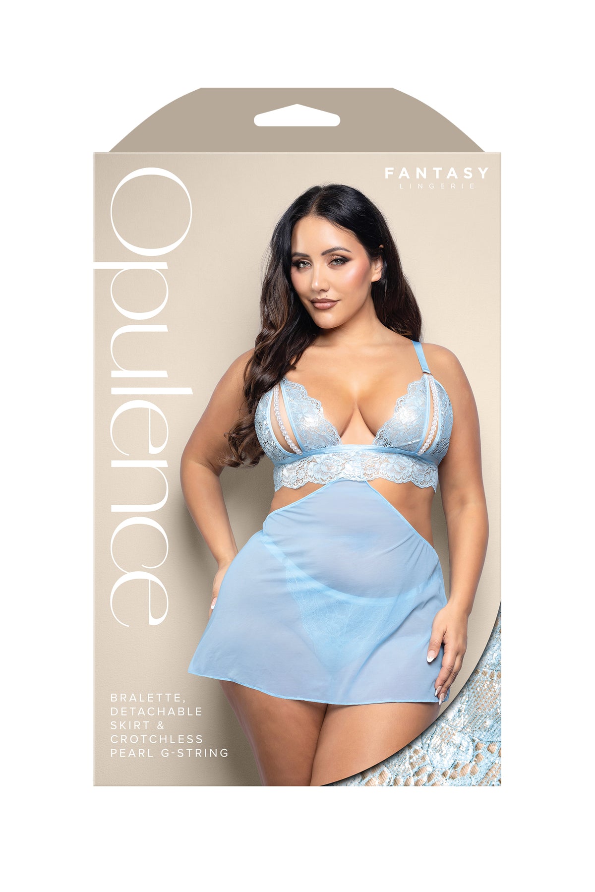 Opulence Bralette, Detachable Skirt & Crotchless Pearl G-String Light Blue
