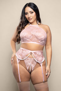 Fantasy Lingerie Opulence Bralette, Garter Belt & Crotchless Pearl G-String Set