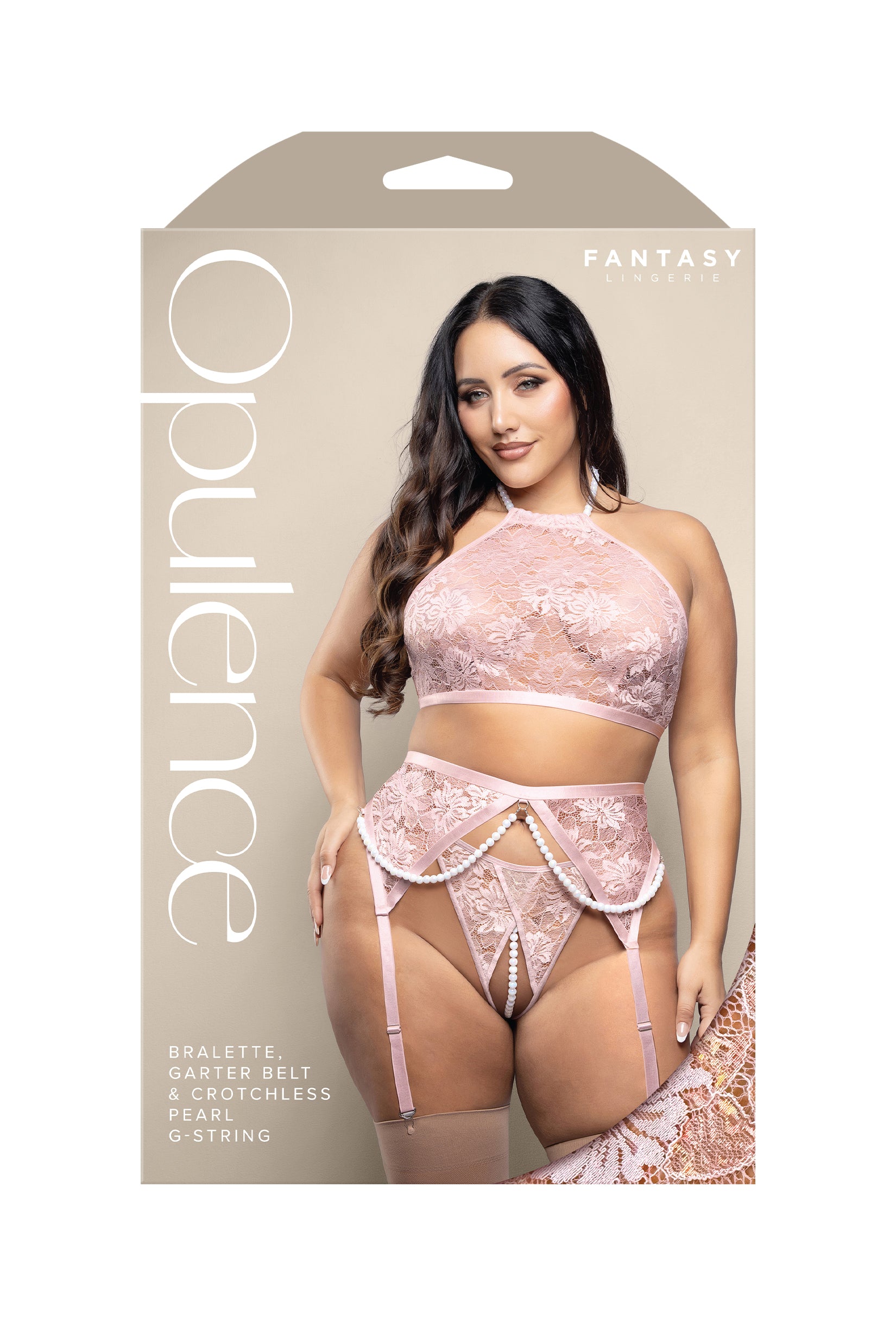 Fantasy Lingerie Opulence Bralette, Garter Belt & Crotchless Pearl G-String Set