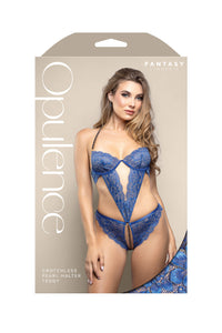 Fantasy Lingerie Opulence Crotchless Pearl Halter Teddy Royal Blue