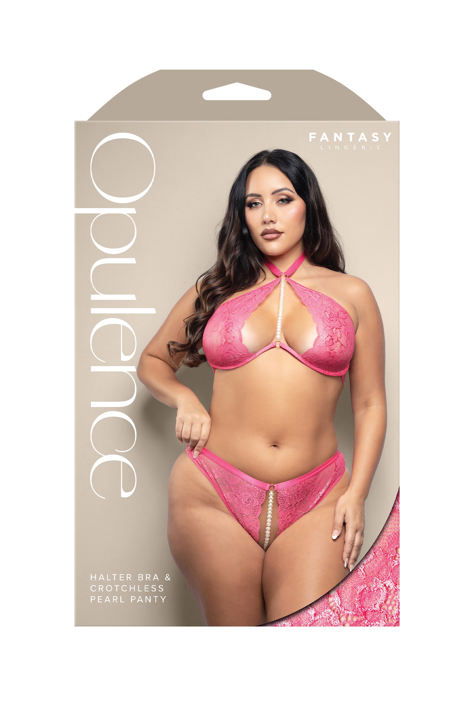 Fantasy Lingerie Opulence Halter Bra & Crotchless Pearl Panty Hot Pink