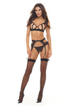 Rene Rofe Twist Every Way Chain Bra, Garter and Crotchless G-String Set Black