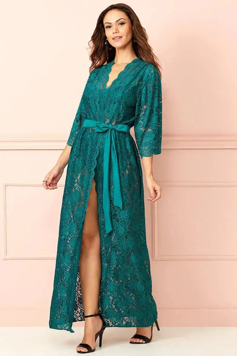 Sensuous Palais Garnier Pacific floral lace long dressing robe with ¾ sleeves and fixed belt.