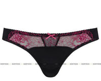 Pamela Thong Black/Fuchsia: smooth fabric thong with intricate floral embroidery and a delicate ribbon bow.
