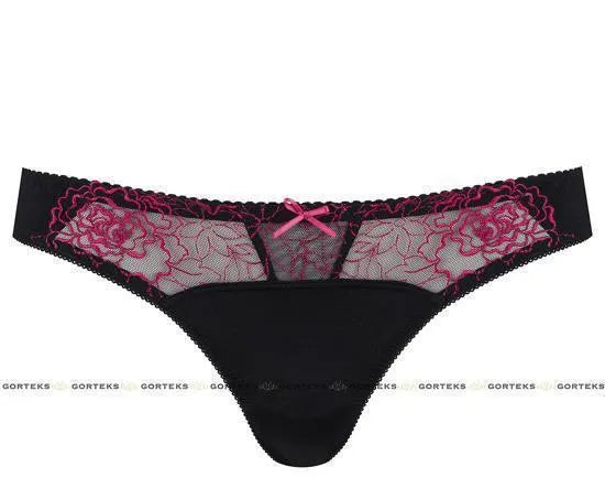Pamela Thong Black/Fuchsia: smooth fabric thong with intricate floral embroidery and a delicate ribbon bow.