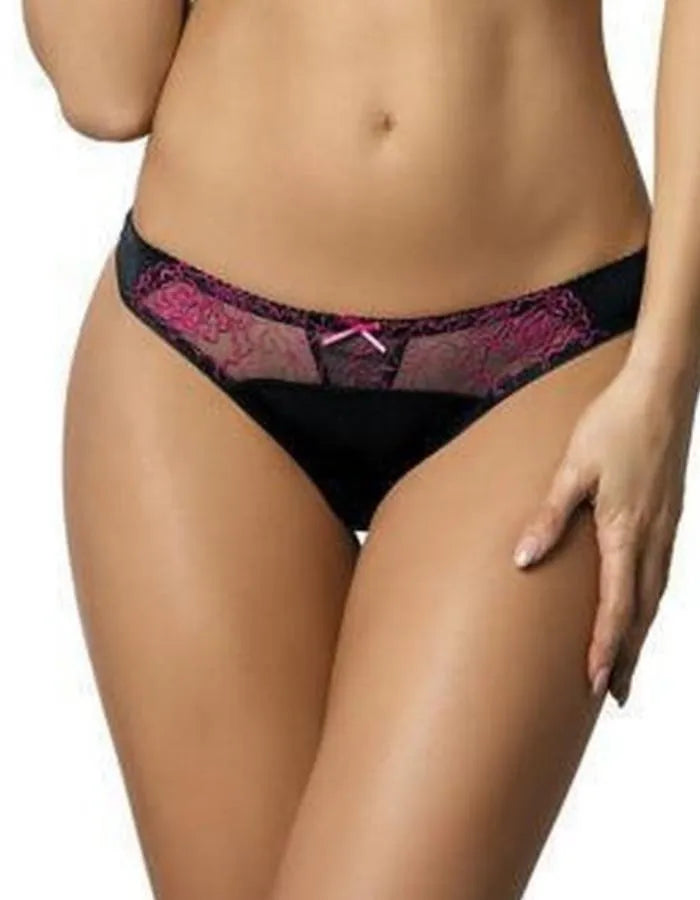 Pamela Thong Black/Fuchsia with intricate floral embroidery and a delicate ribbon bow.