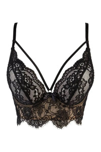 Axami Passion Fruit black eyelash lace longline bra with decorative straps and beige lining.