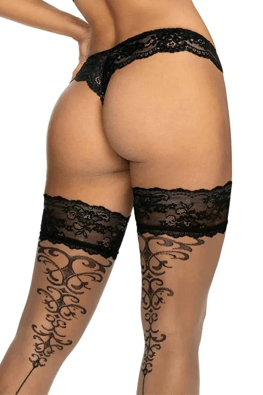 Sensual black lace thong and thigh-high stockings with elegant scrollwork pattern.