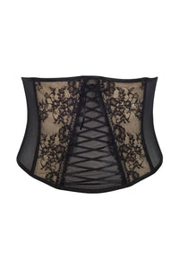 Intriguing Axami Peanut Tarte waspie corset with black lace on beige, featuring a feminine lace-up.