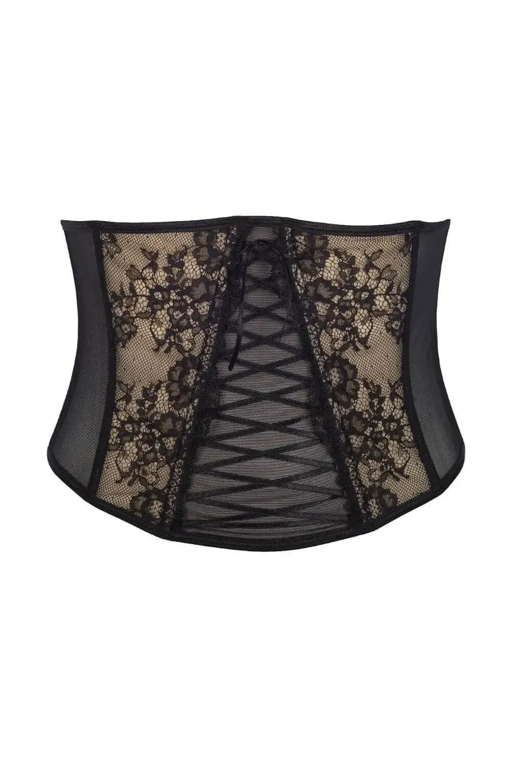 Intriguing Axami Peanut Tarte waspie corset with black lace on beige, featuring a feminine lace-up.