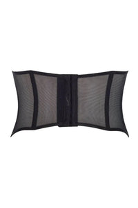 Black mesh waspie corset with hook and eye fastening, emphasizing waistline and hip curves.