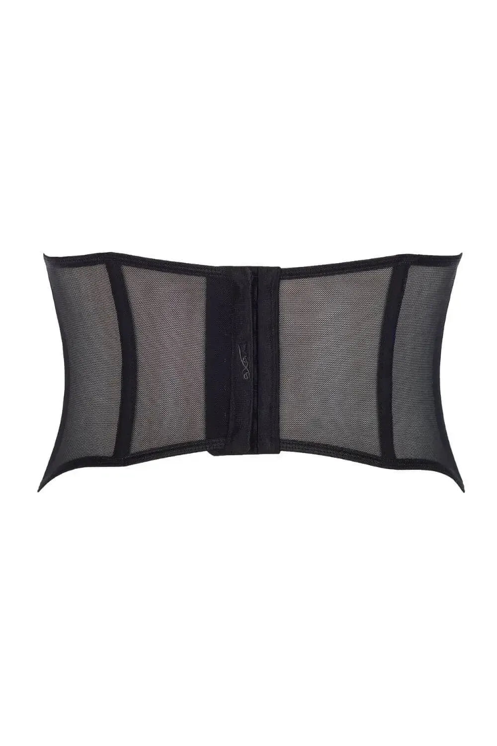 Black mesh waspie corset with hook and eye fastening, emphasizing waistline and hip curves.