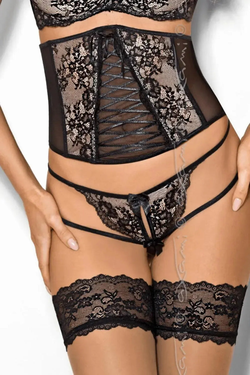 Intriguing Axami Peanut Tarte black lace waspie corset with lace-up detail, paired with matching thong and stockings.
