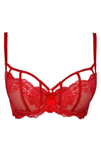 Sensual red lace Axami Penelope Caged Demi Bra with decorative straps and padded cups.