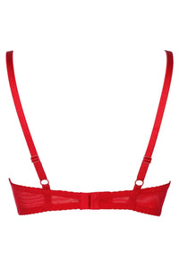 Sensual red Penelope caged demi bra with delicate lace and decorative straps.
