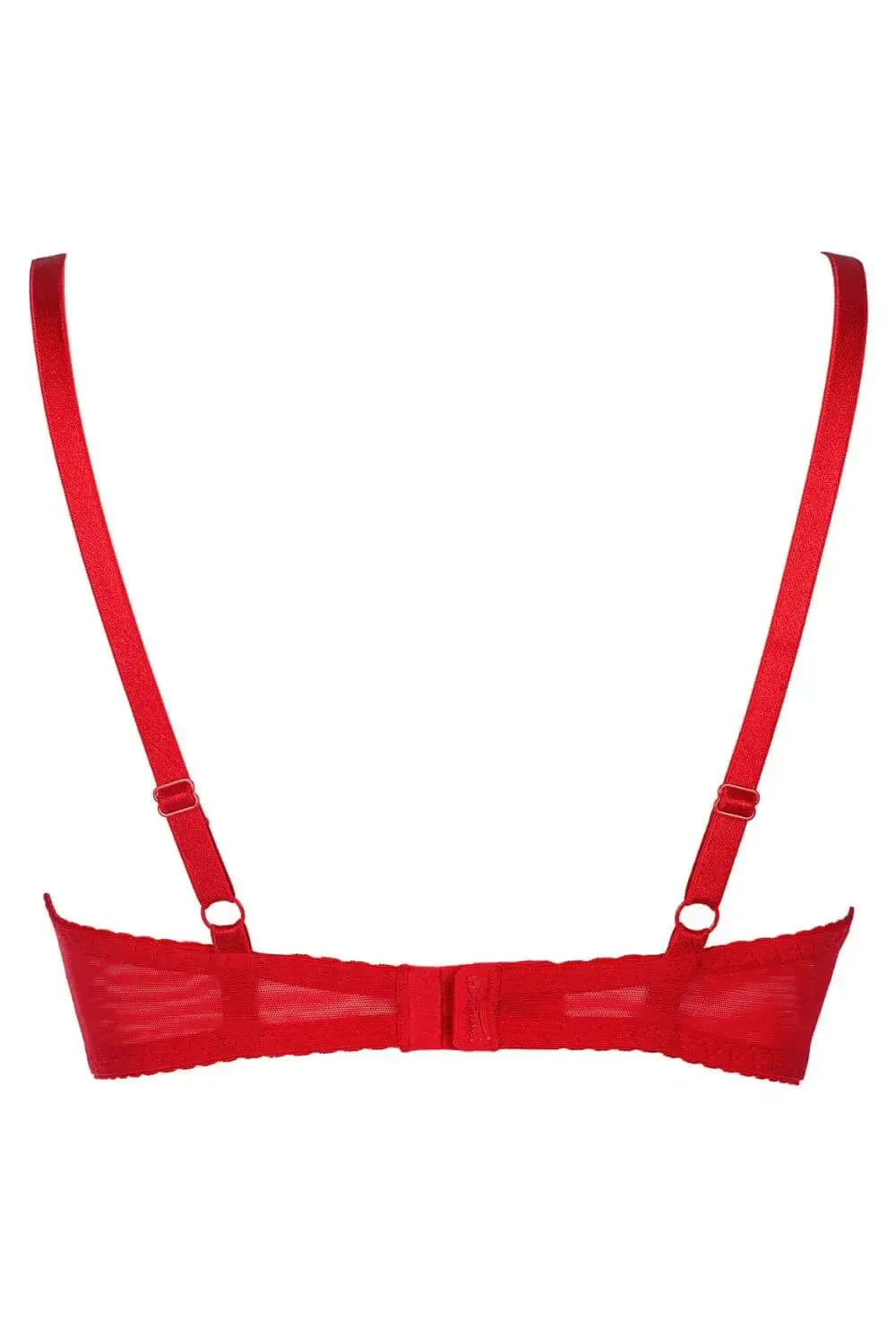 Sensual red Penelope caged demi bra with delicate lace and decorative straps.