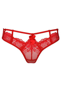 Seductive red Axami Penelope caged thong with delicate lace, a sweet bow, and unique caged design.