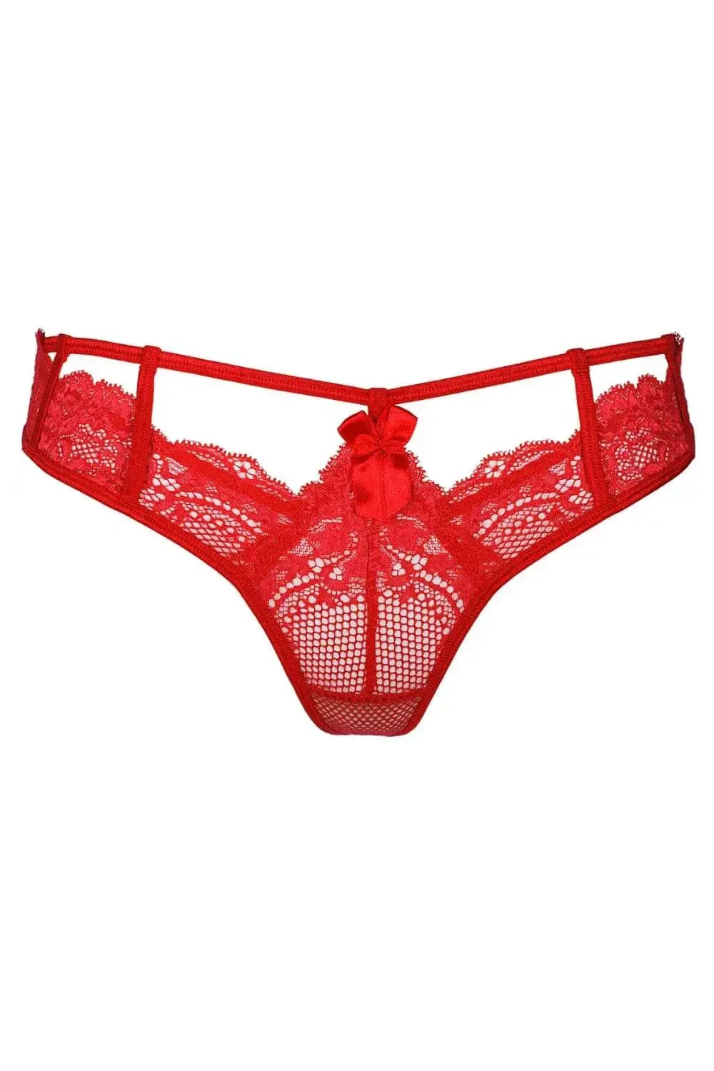 Seductive red Axami Penelope caged thong with delicate lace, a sweet bow, and unique caged design.