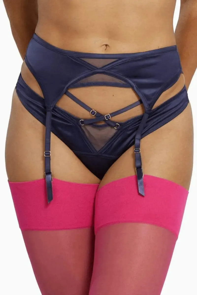 Flattering Navy Philly satin tulip garter belt with sheer mesh, 4 suspender straps, and curve-fitting design.