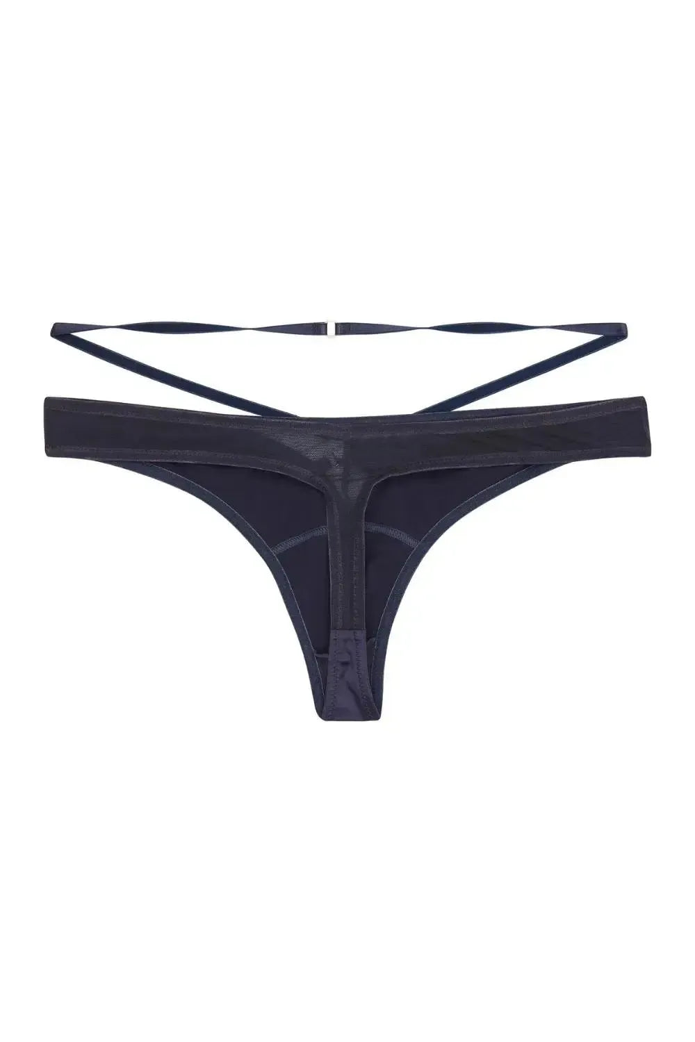 Navy Philly satin tulip thong with mesh panels and adjustable straps for a sophisticated look.