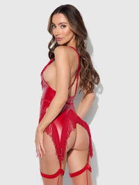 House of Desire Phoenix Faux Leather & Fringe Chemise & G-String Set Crimson Red