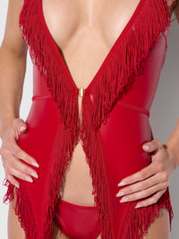 House of Desire Phoenix Faux Leather & Fringe Chemise & G-String Set Crimson Red