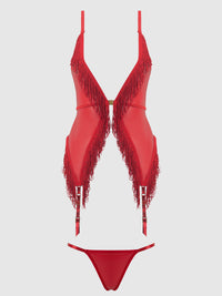 House of Desire Phoenix Faux Leather & Fringe Chemise & G-String Set Crimson Red