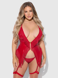 House of Desire Phoenix Faux Leather & Fringe Chemise & G-String Set Crimson Red