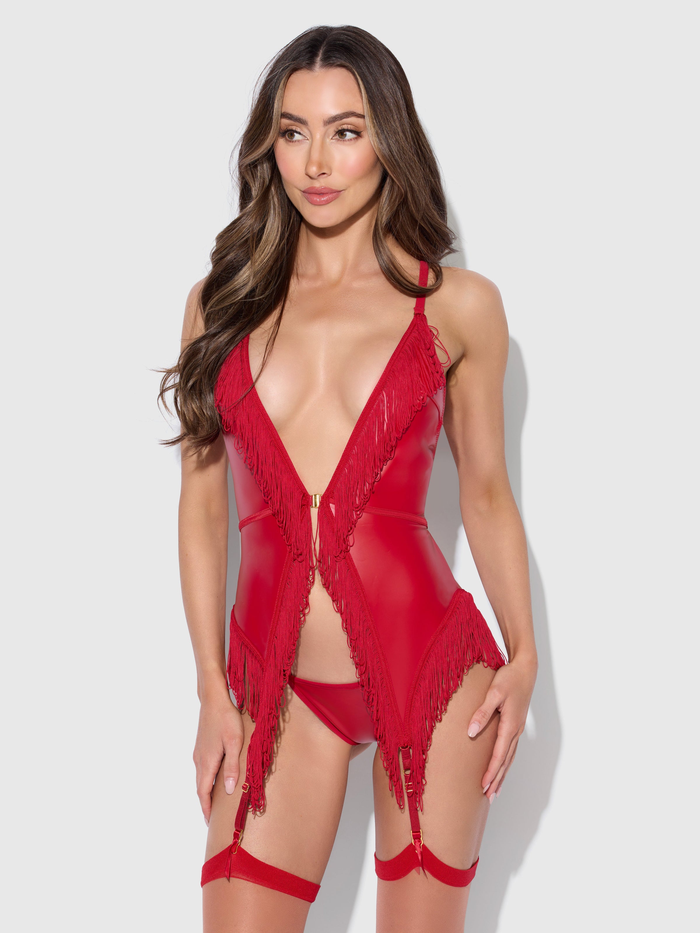 House of Desire Phoenix Faux Leather & Fringe Chemise & G-String Set Crimson Red