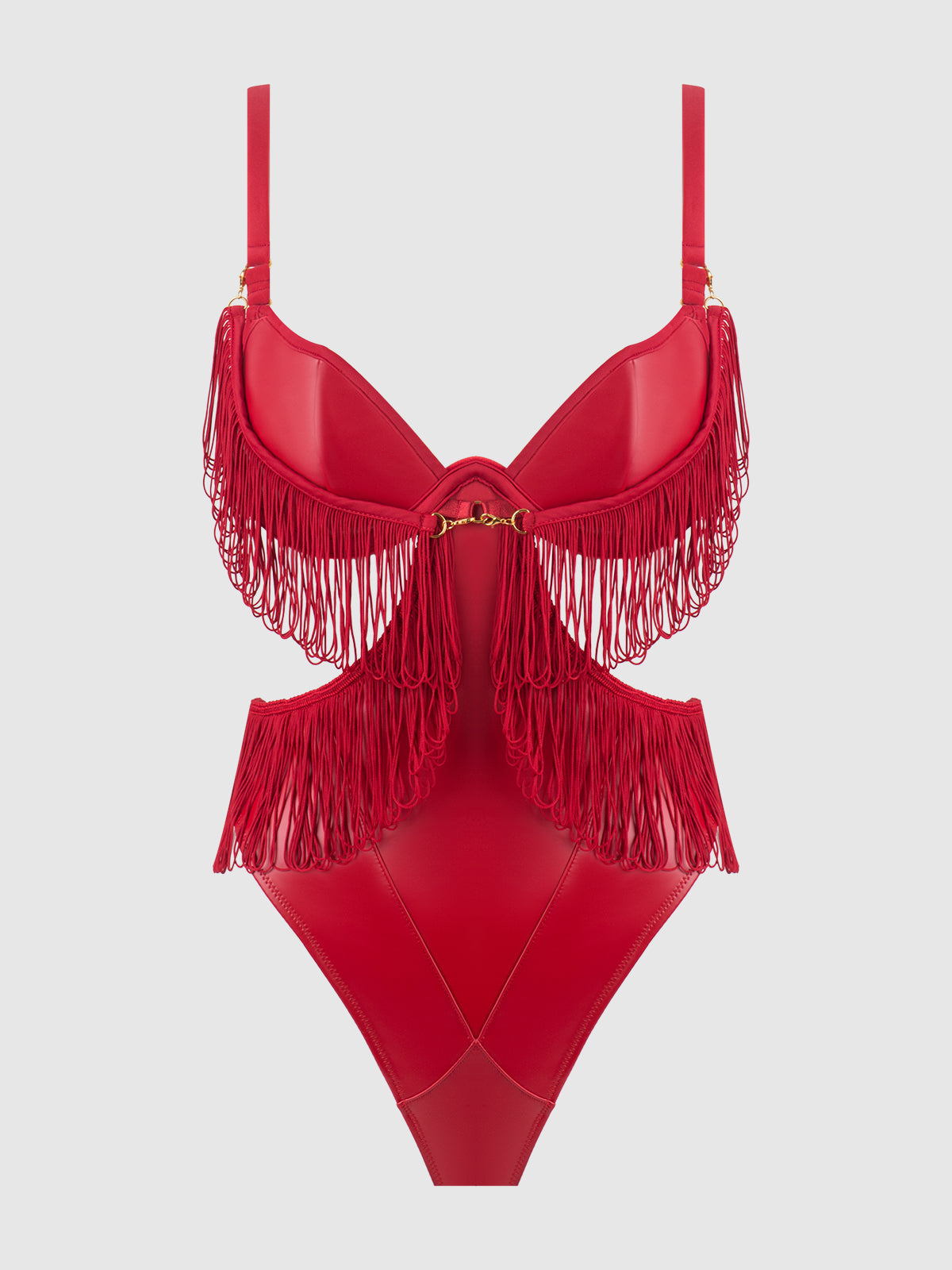 Phoenix Faux Leather & Fringe Crotchless Teddy Crimson Red
