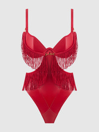House of Desire Phoenix Faux Leather & Fringe Crotchless Teddy Crimson Red