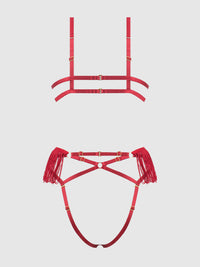 House of Desire Phoenix Faux Leather & Fringe Crotchless Teddy Crimson Red