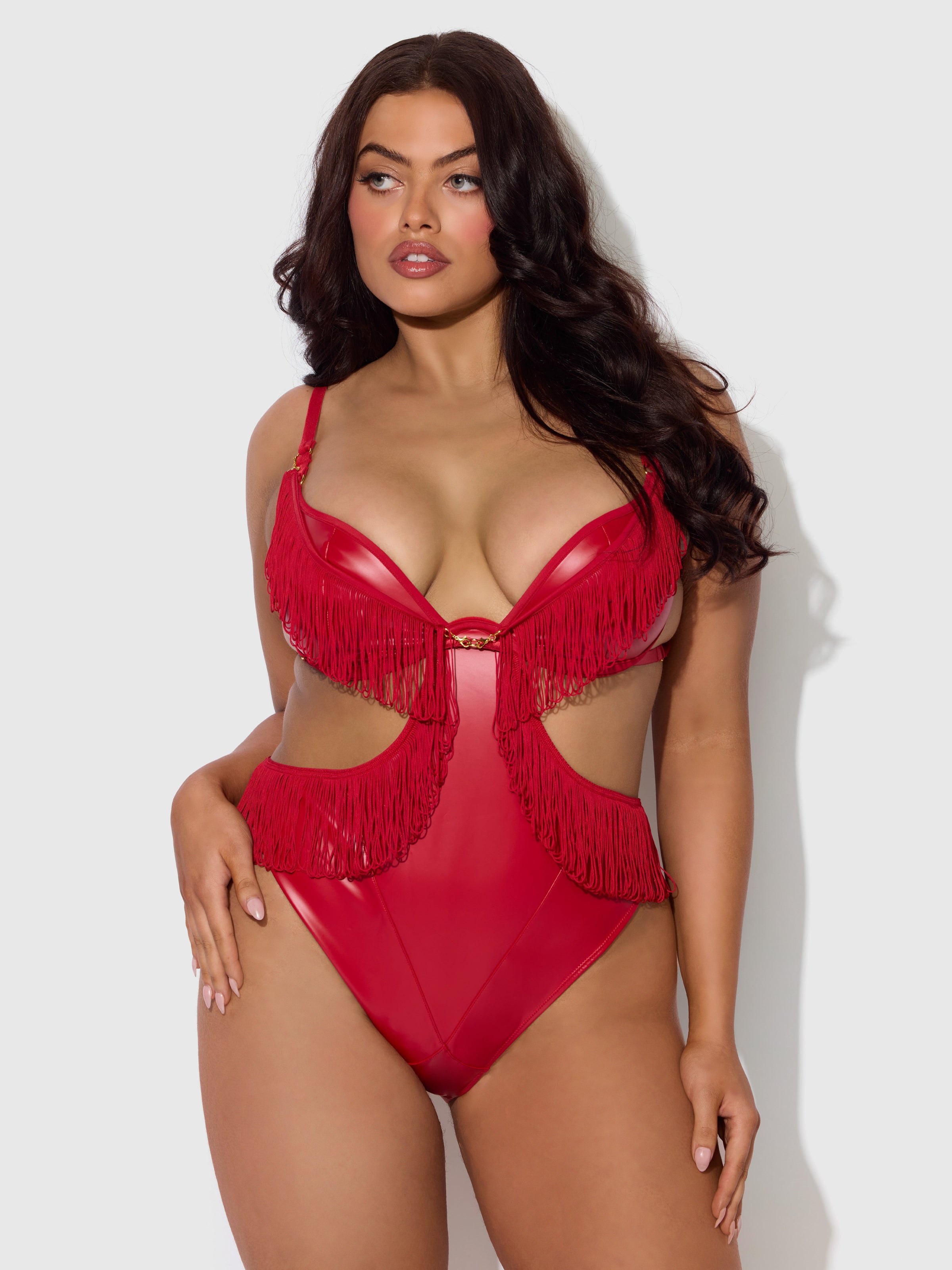 House of Desire Phoenix Faux Leather & Fringe Crotchless Teddy Crimson Red