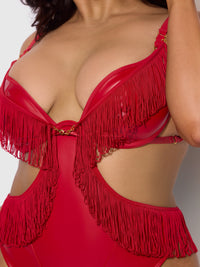 House of Desire Phoenix Faux Leather & Fringe Crotchless Teddy Crimson Red