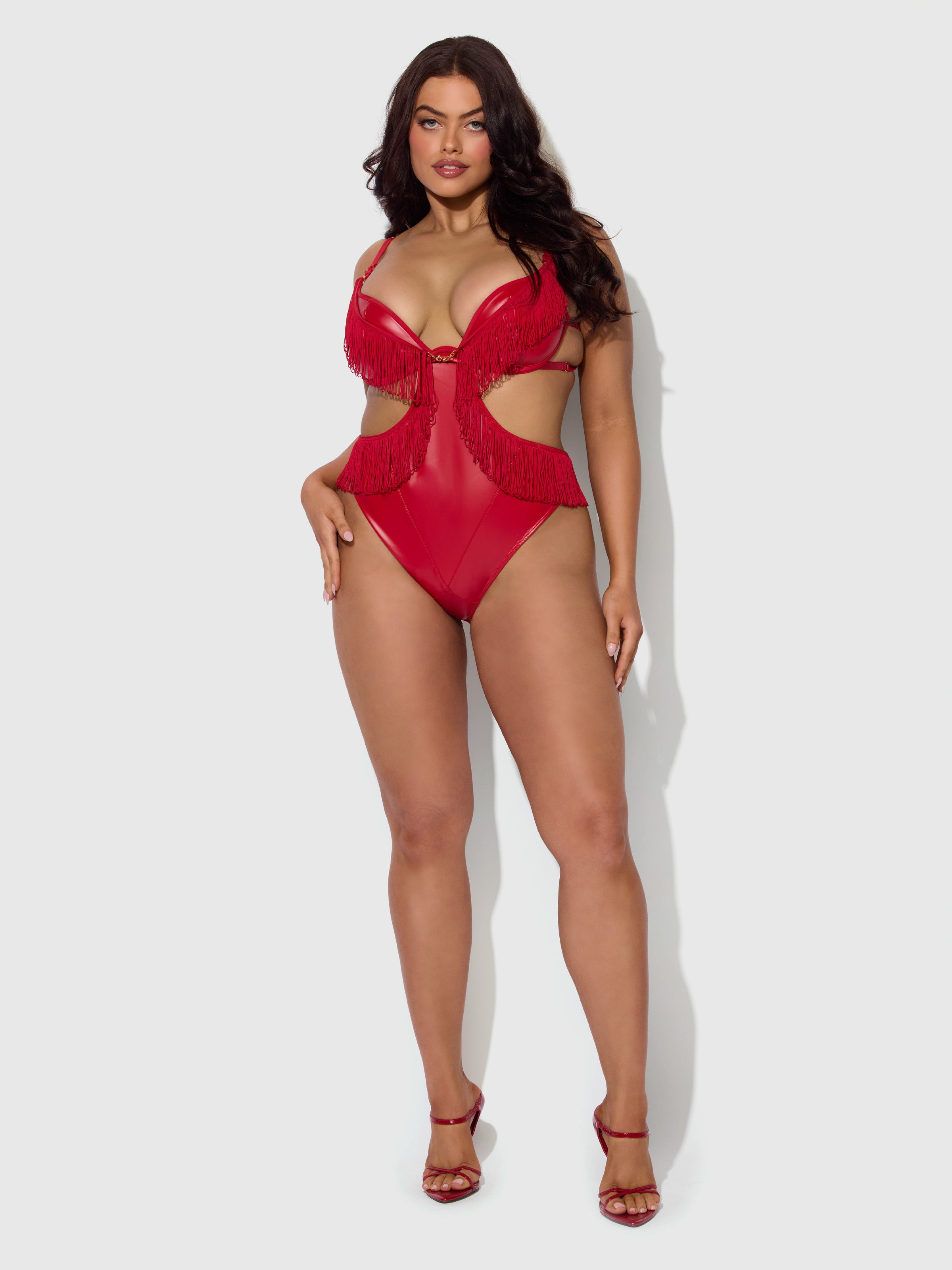 House of Desire Phoenix Faux Leather & Fringe Crotchless Teddy Crimson Red