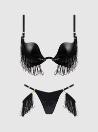 House of Desire Phoenix Faux Leather & Fringe Push Up Bra & Thong Set